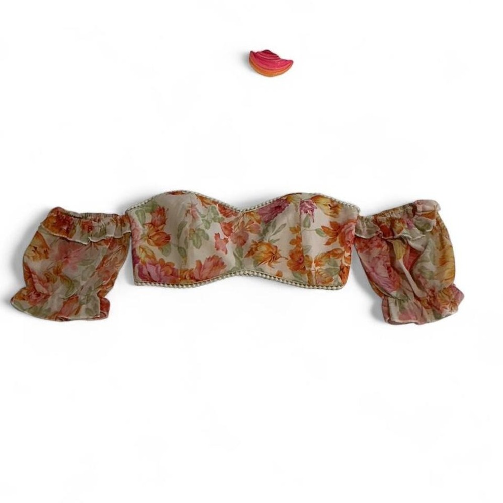 Showpo Crop Top Womens Size 4‎ Peach Floral Excellent Off Shoulder Pom Pom Trim